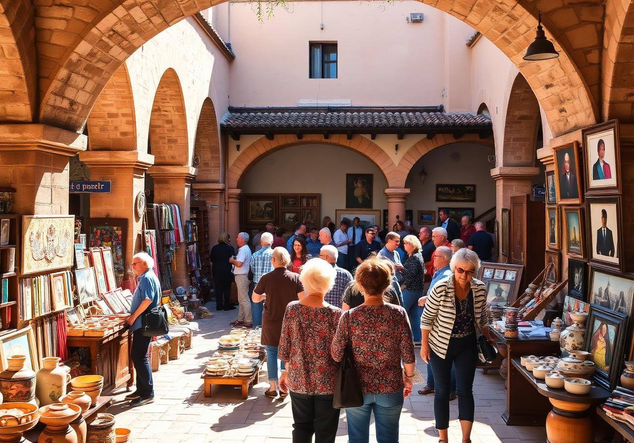 Expat collectors browsing handmade art and ceramics in a colonial courtyard market