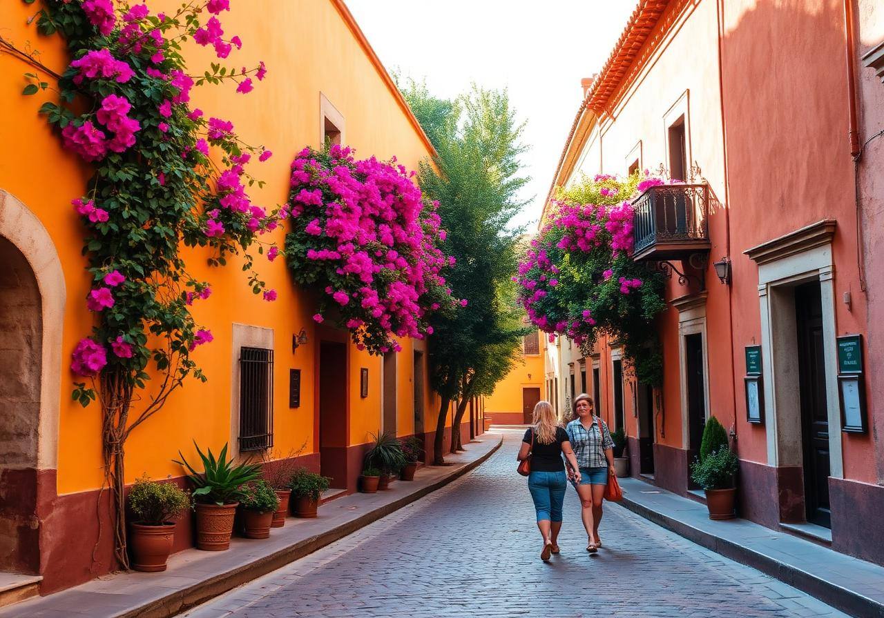 Bougainvillea-lined cobblestone street in San Miguel de Allende's historic center