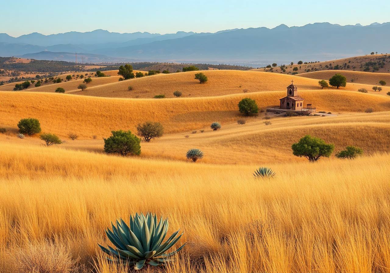 Rolling high-desert countryside surrounding San Miguel de Allende with agave and a small chapel