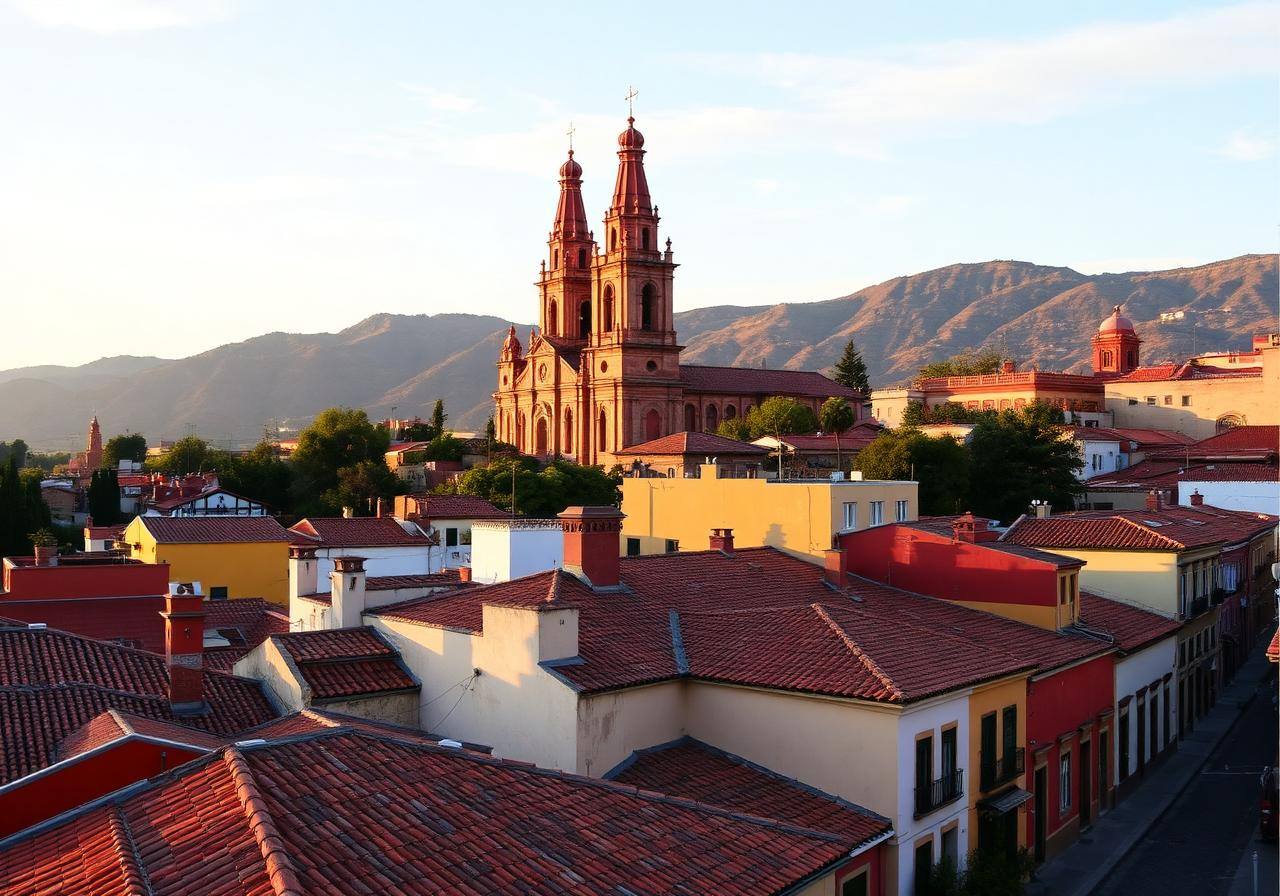 La Parroquia de San Miguel Arcángel rising above the rooftops at golden hour